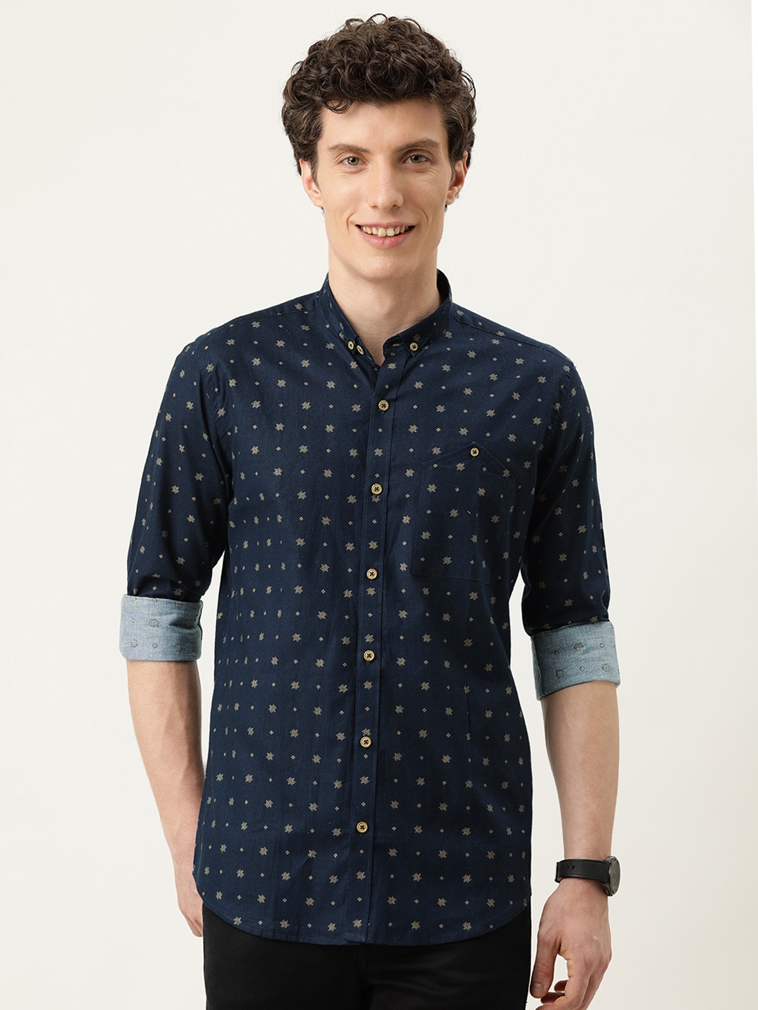 

COUPER & COLL Men Navy Blue Premium Slim Fit Opaque Printed Casual Shirt