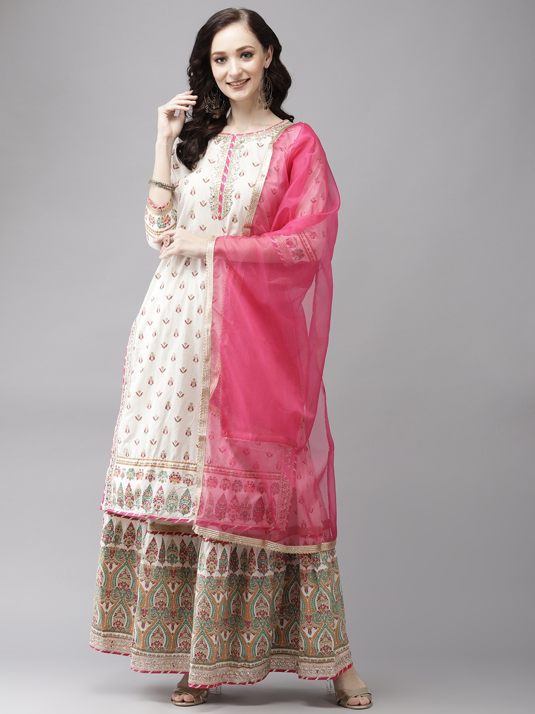 

Ishin Floral Kurta with Sharara & Dupatta, Off white