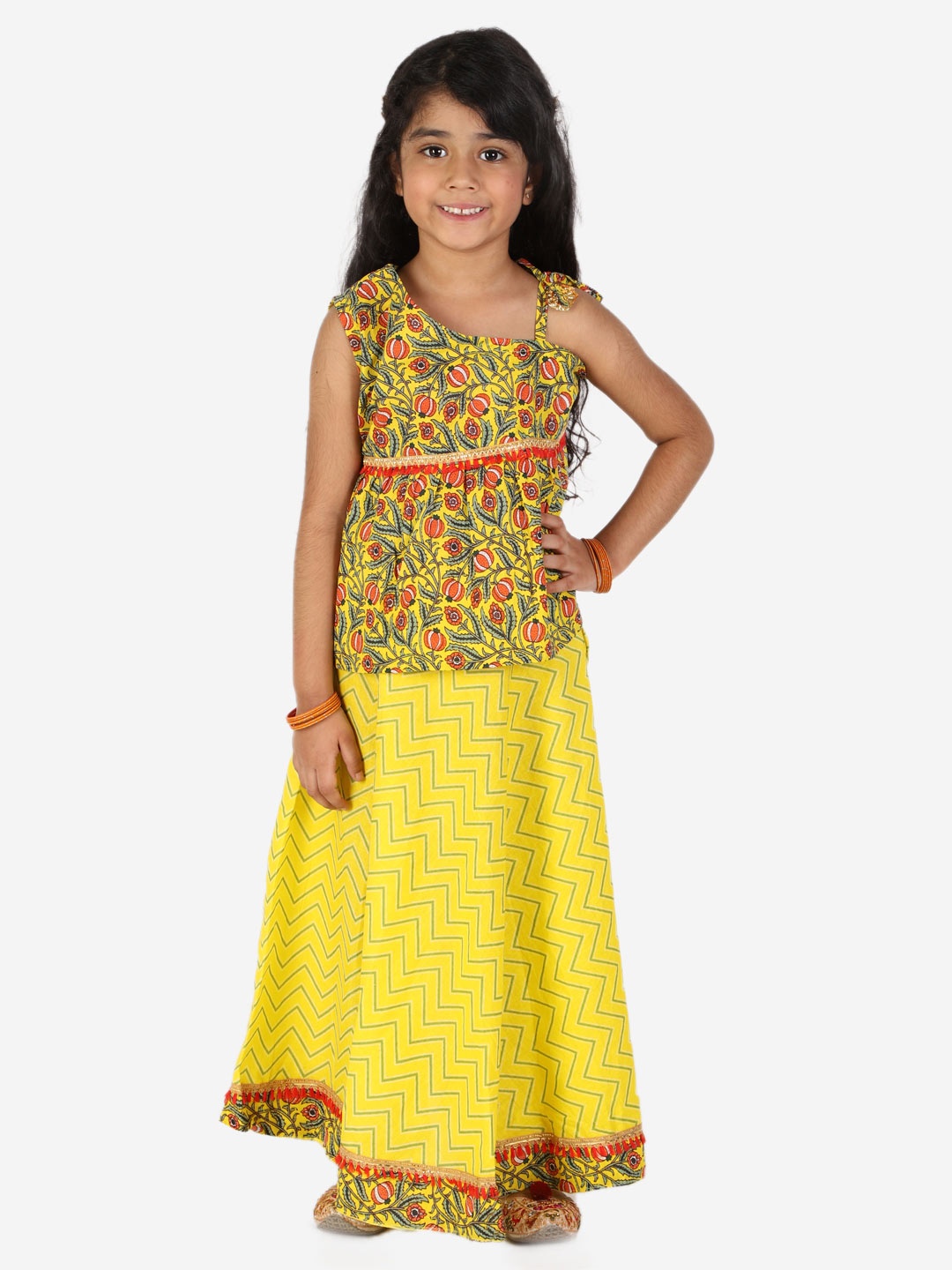 

Superminis Girls Yellow & Red Printed Ready to Wear One Shoulder Cotton Lehenga Choli