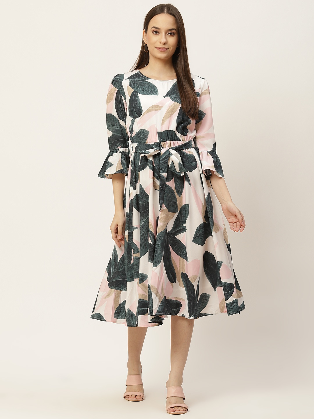 

Slenor White & Green Floral Crepe A-Line Dress