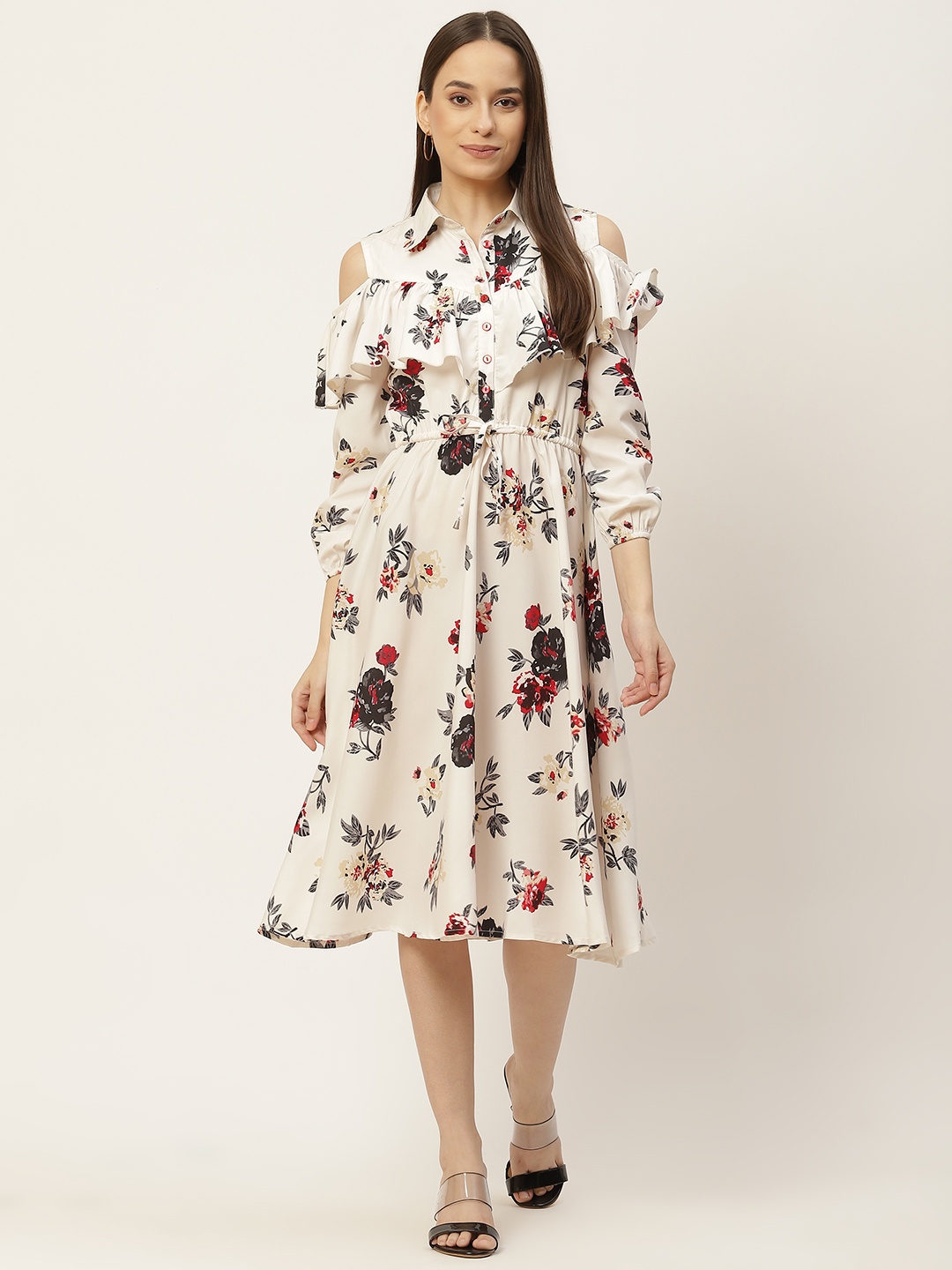 

Slenor Off White & Multicoloured Floral Crepe Shirt Dress