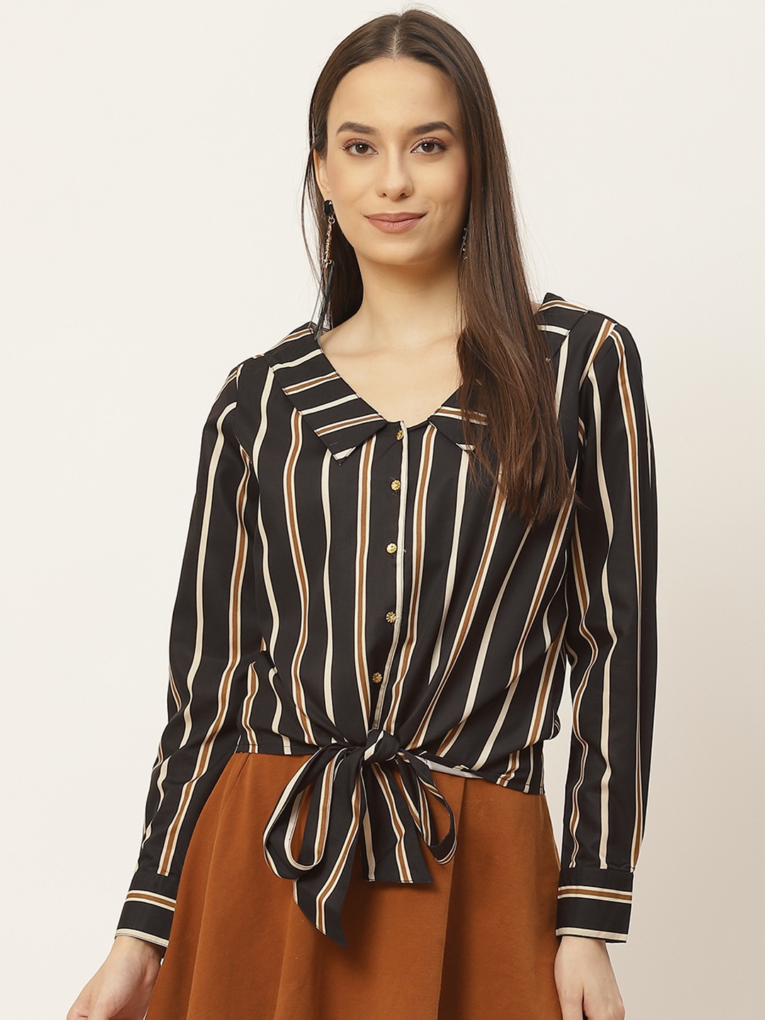 

Slenor Women Black Opaque Striped Waist Tie-Up Casual Shirt