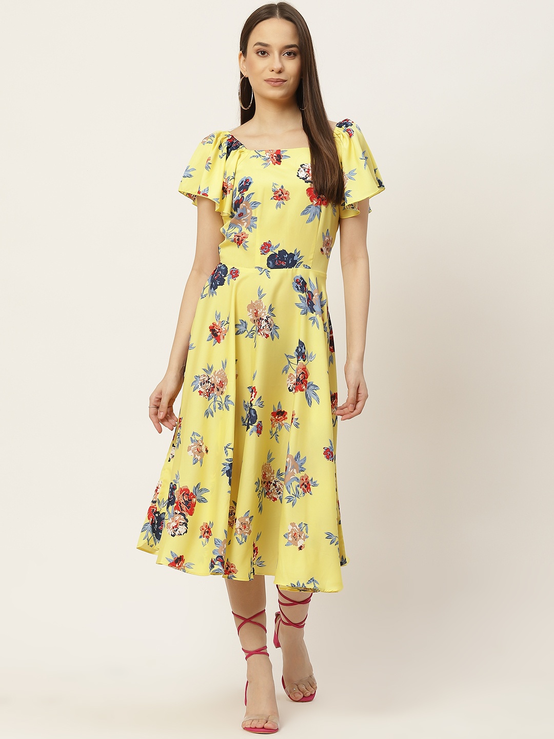 

Slenor Yellow & Multicoloured Floral Crepe A-Line Midi Dress