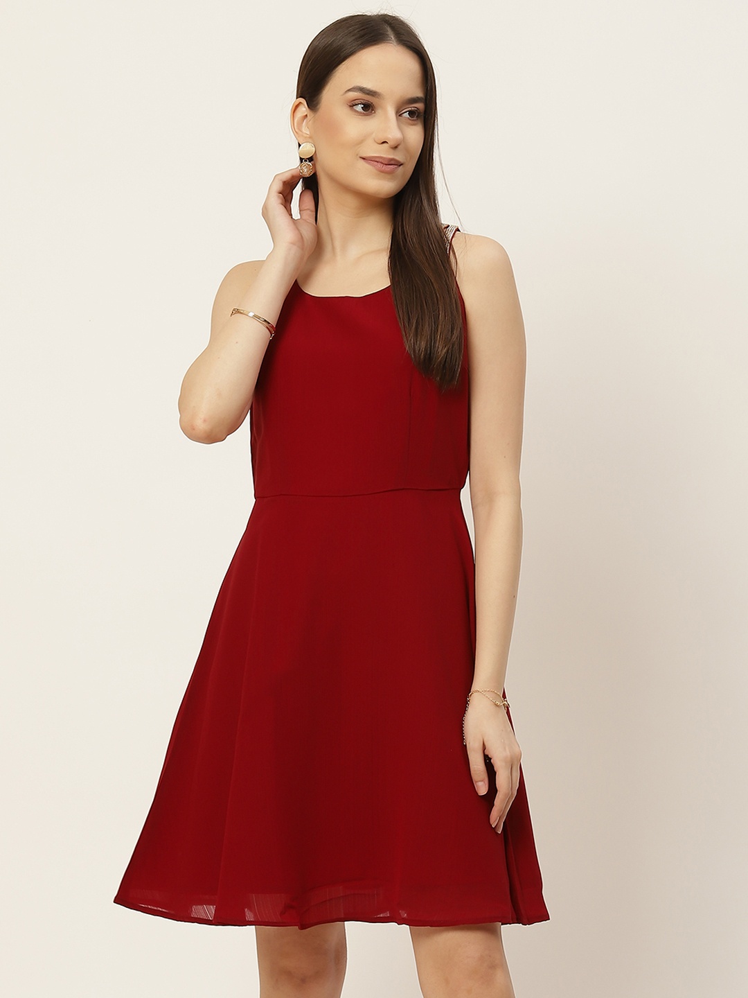 

Slenor Maroon Accordion Pleats Georgette A-Line Mini Dress