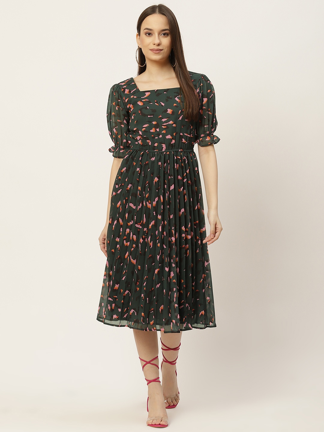 

Slenor Multicoloured Layered Accordion Pleats Georgette A-Line Midi Dress, Multi
