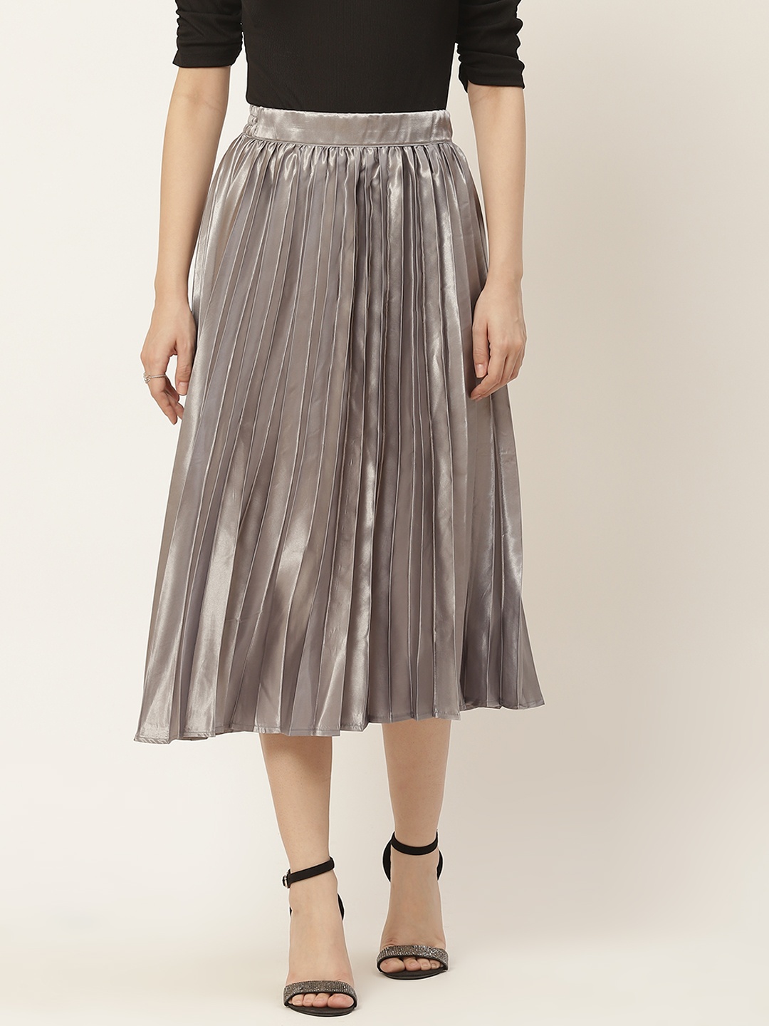 

Slenor Women Grey Accordian Pleated satin Midi A-line Skirt