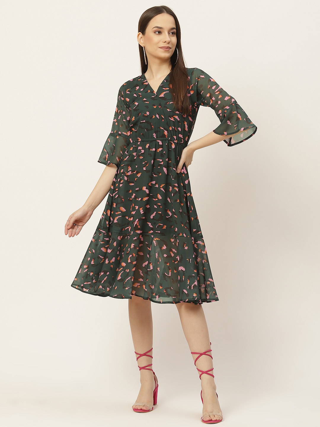

Slenor Teal & Multicoloured Georgette A-Line Midi Dress