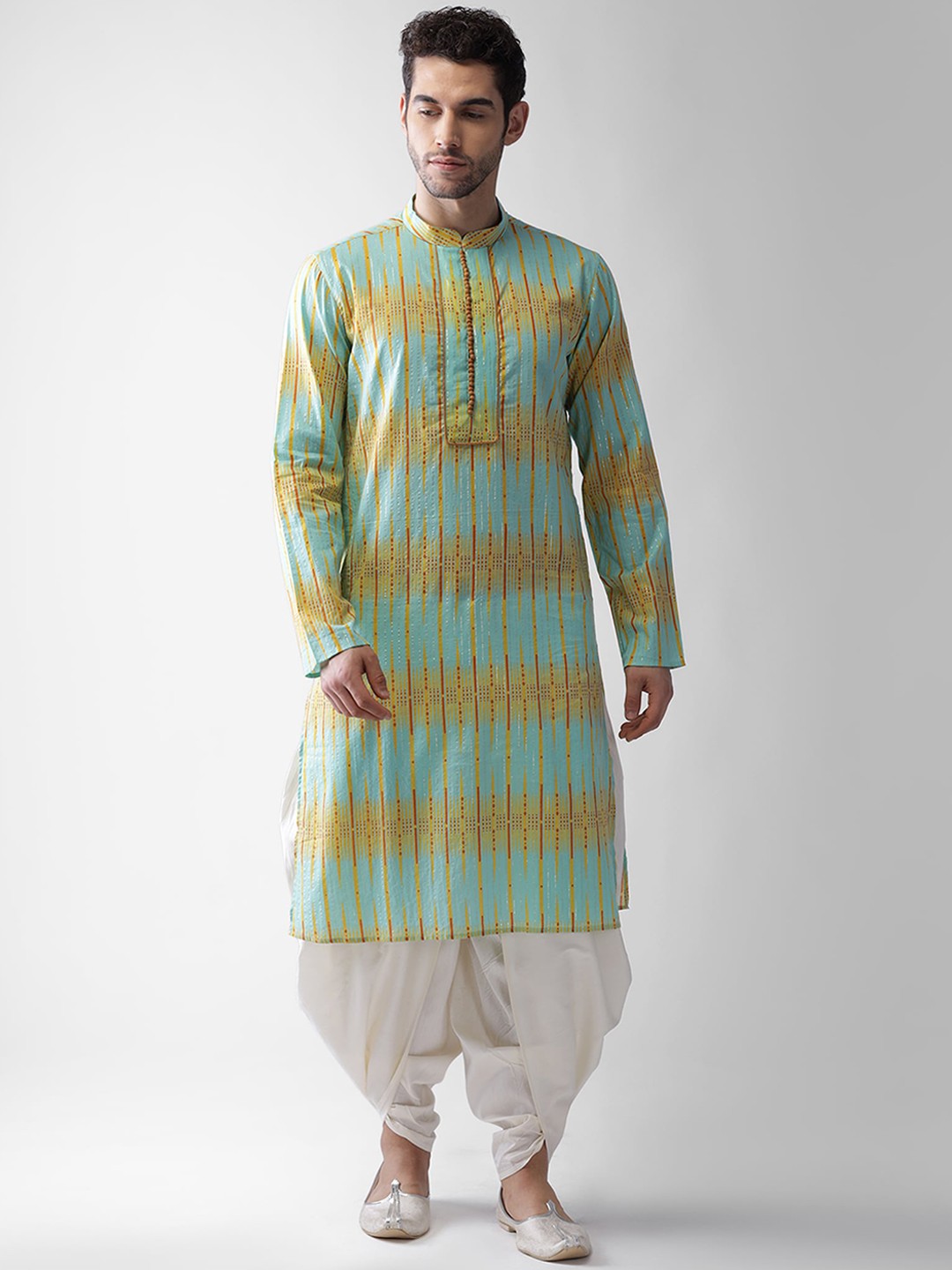

KISAH Men Blue & Yellow Geometric Printed Kurta