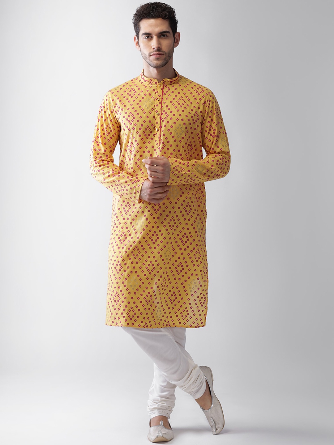 

KISAH Men Yellow & Pink Doriya Printed Straight Kurta