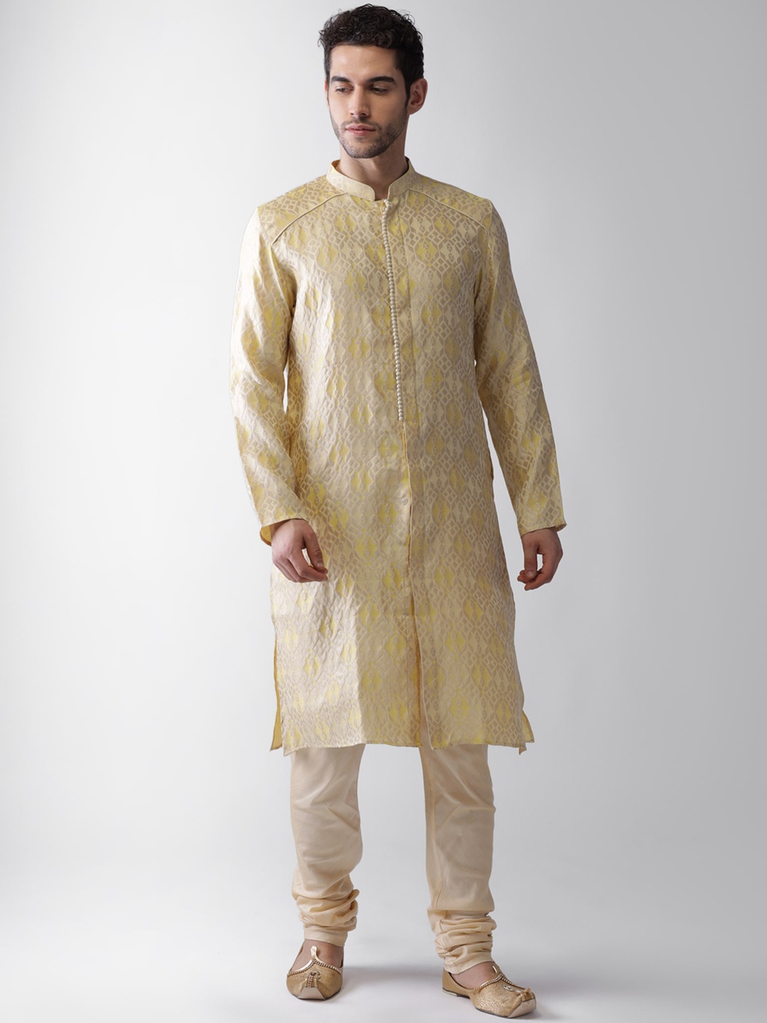 

KISAH Men Yellow Striped Pleated Kurta with Pyjamas