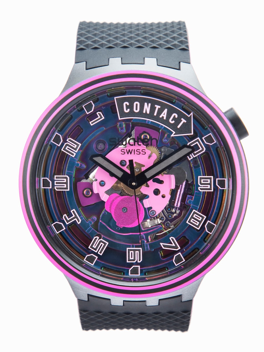 

Swatch Unisex Pink Skeleton Dial & Black Textured Straps Water Resistant Analogue Watch SB01B126, Navy blue