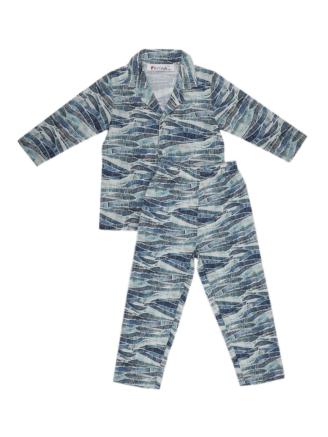 

First Kick Girls Blue & Grey Printed Night suit
