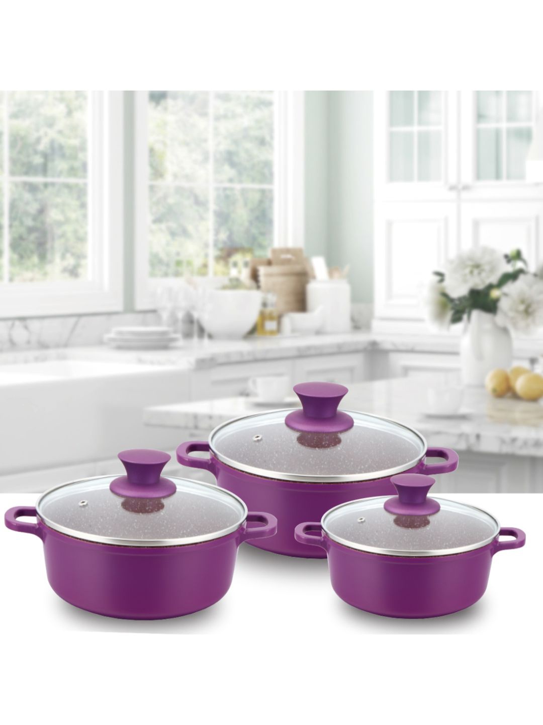 

Wonderchef Set Of 3 Purple Granite Non-Stick Casserole With Lid