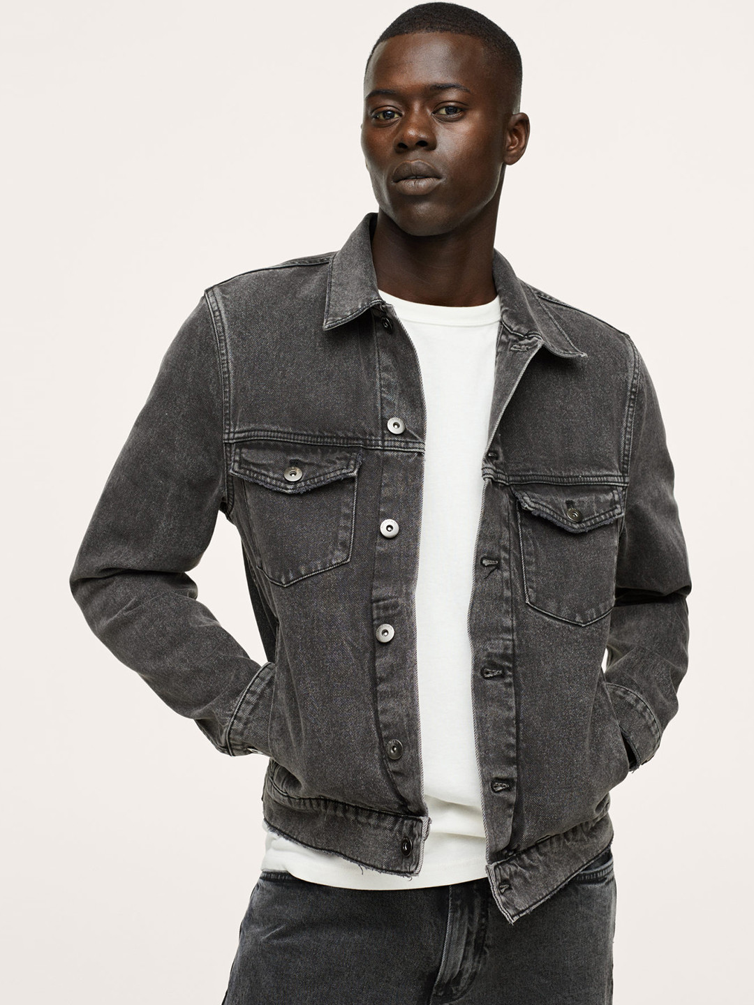 

MANGO MAN Men Charcoal Grey Pure Cotton Solid Denim Jacket