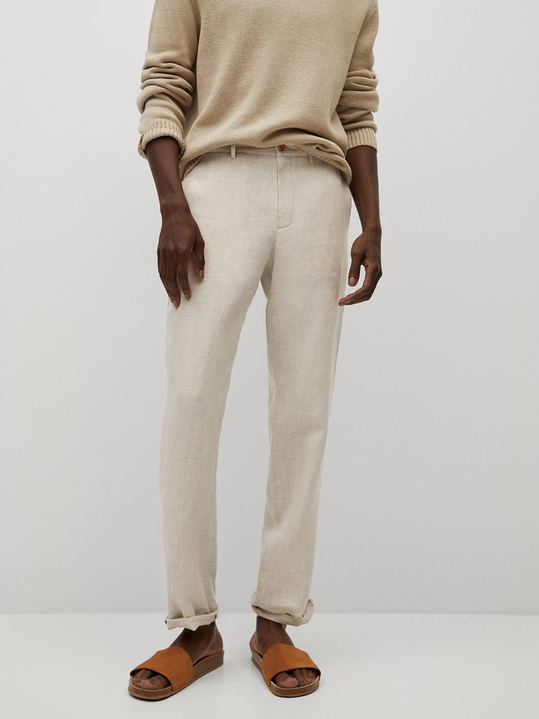 

MANGO MAN Men Off White Linen Solid Trousers
