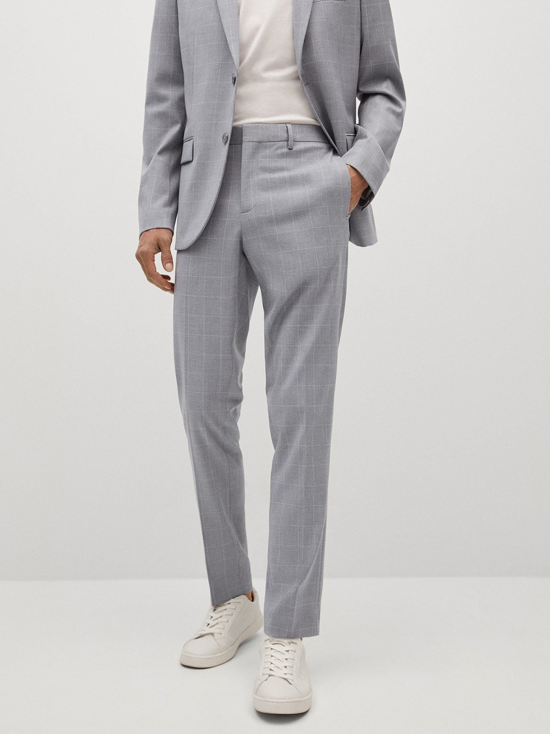 

MANGO MAN Men Grey Checked Tailored Super Slim Fit Trousers