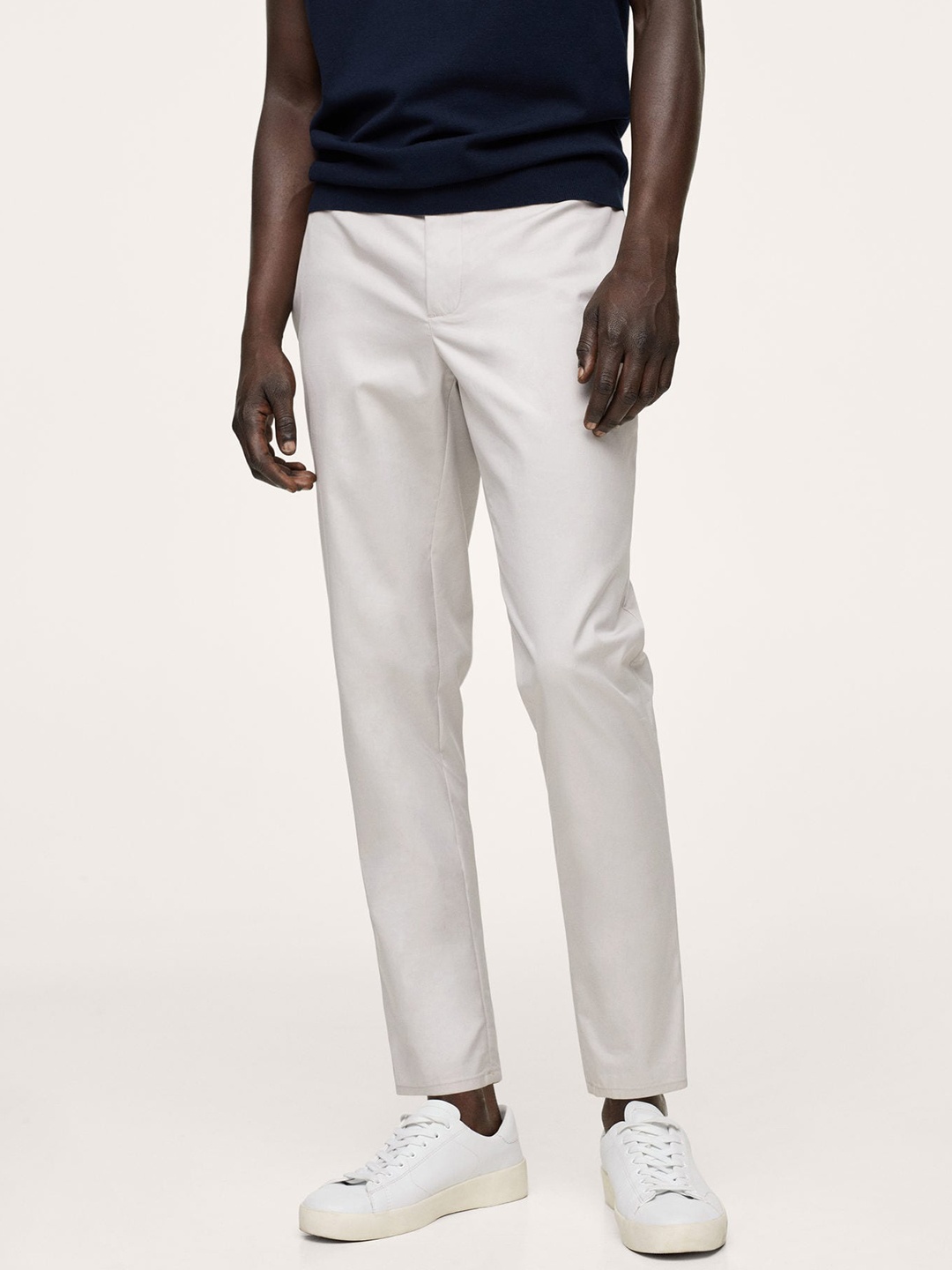 

MANGO MAN Men Grey Solid Wrinkle Free Trousers