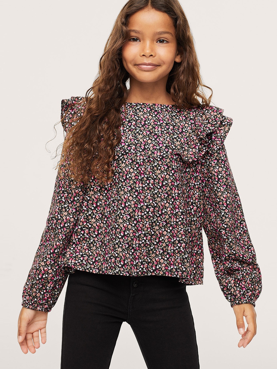 

Mango Kids Black & Pink Ditsy Floral Ruffles Regular Top