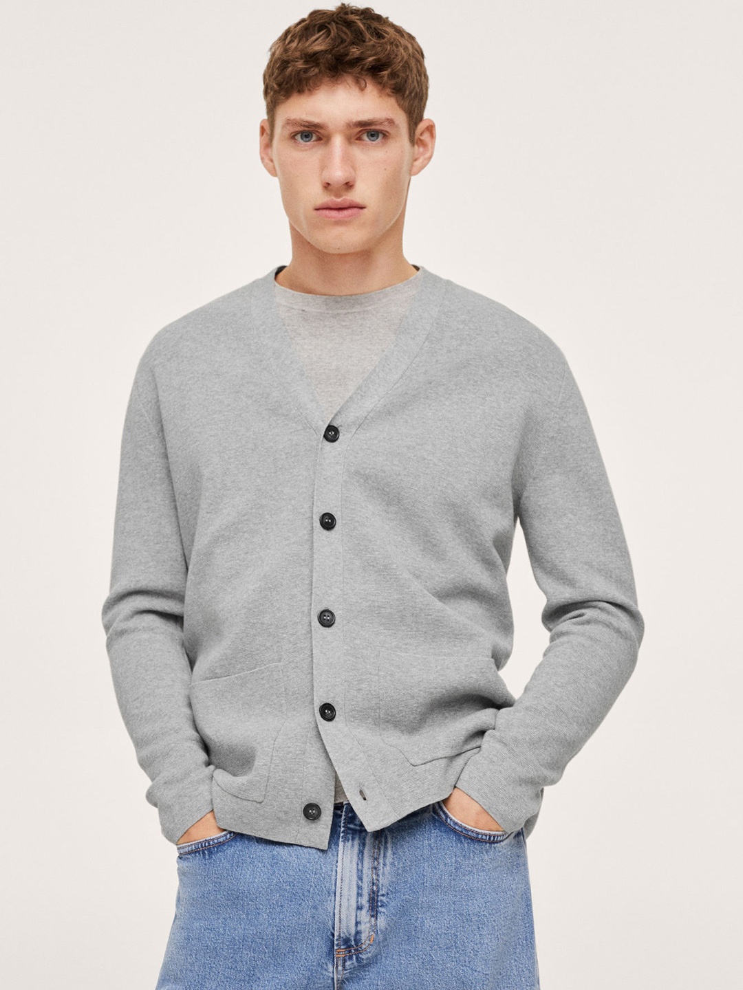 

MANGO MAN Men Grey Melange V-Neck Cardigan