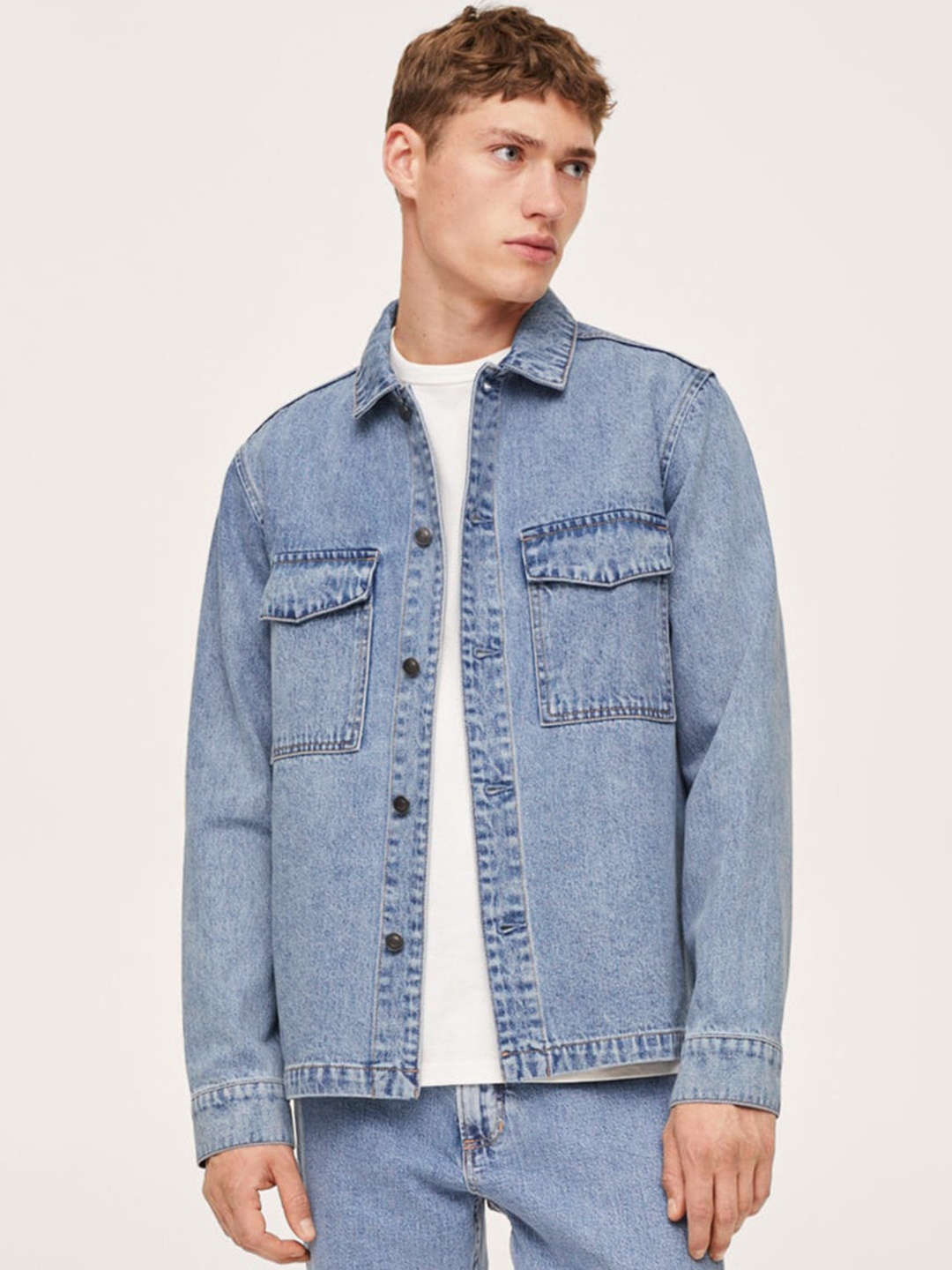 

MANGO MAN Men Blue Pure Cotton Denim Jacket