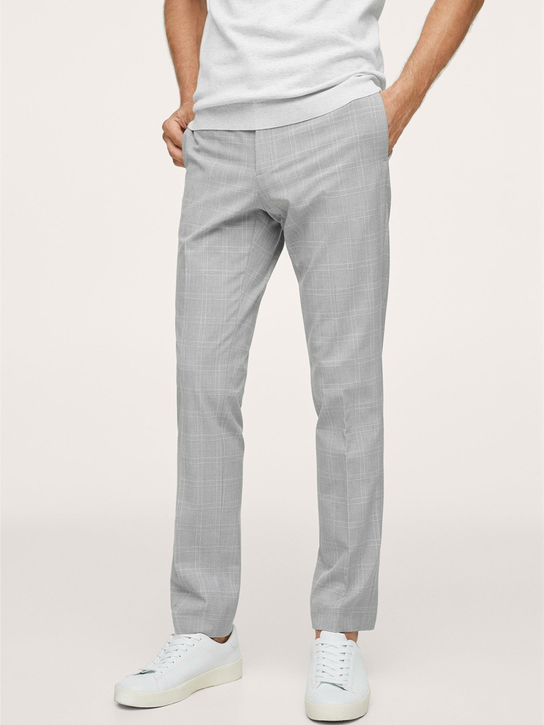 

MANGO MAN Men Grey Checked Tailored Super Slim Fit Trousers