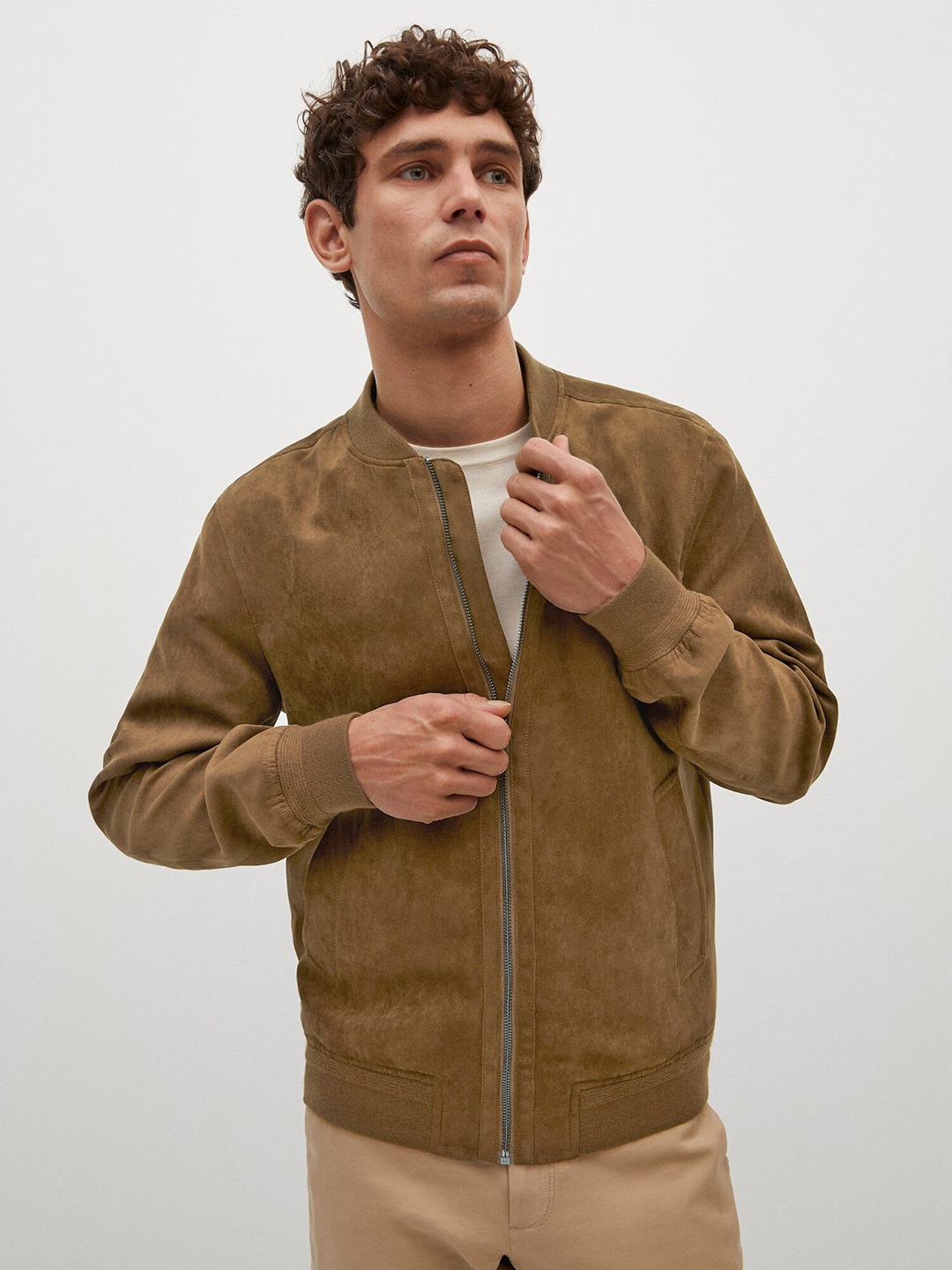 

MANGO MAN Brown Solid Bomber Jacket