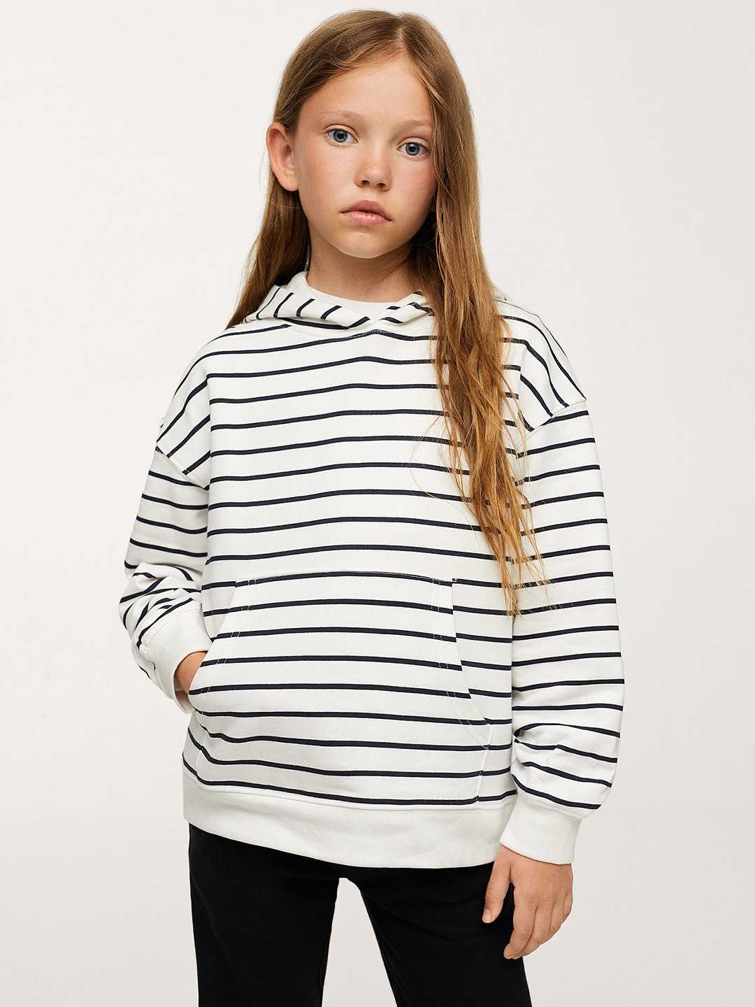

Mango Kids Girls White & Navy Blue Striped Hooded Pure Cotton Sweatshirt