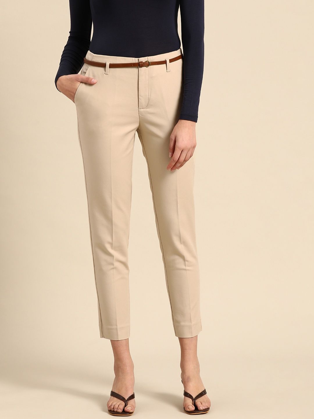 

United Colors of Benetton Women Beige Solid Trousers with Belt