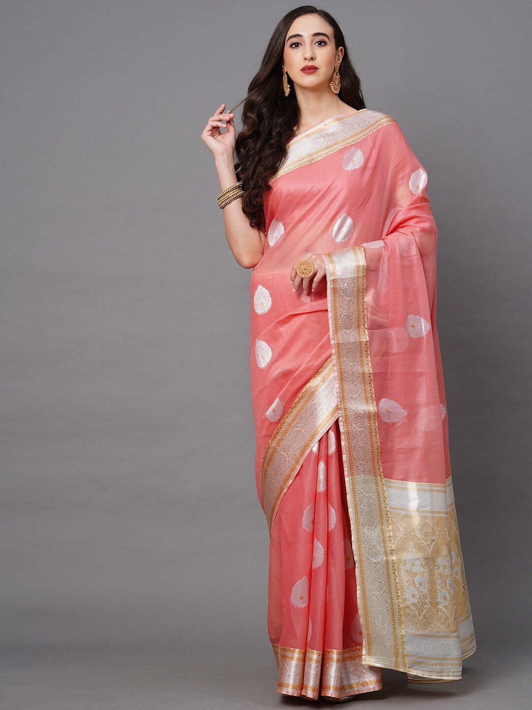 

Mitera Pink & Silver-Toned Ethnic Motifs Zari Banarasi Saree