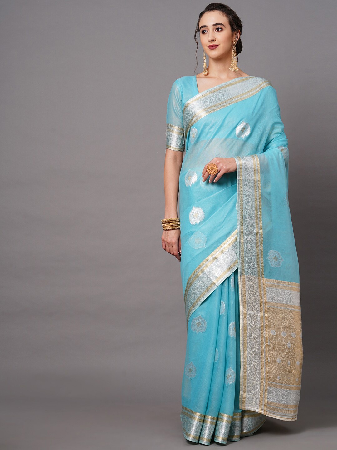 

Mitera Turquoise Blue & Beige Ethnic Motifs Zari Banarasi Saree