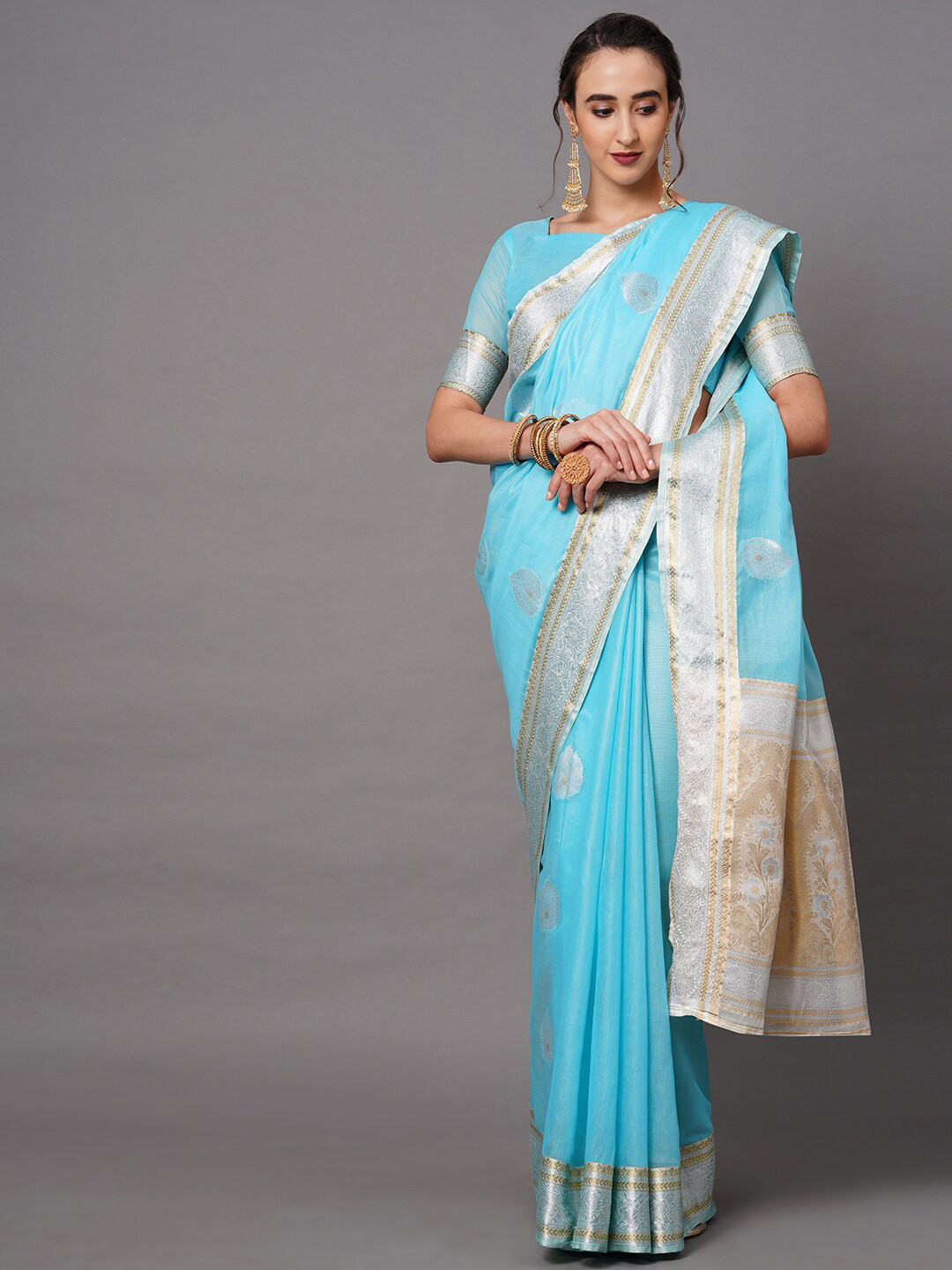 

Mitera Blue & Silver-Toned Floral Zari Banarasi Saree