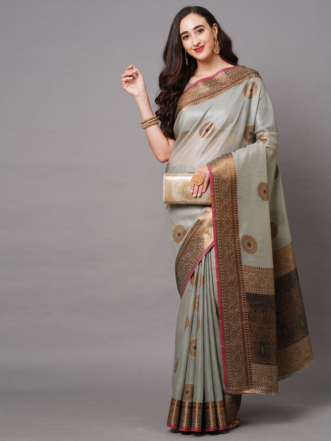 

Mitera Grey & Gold-Toned Ethnic Motifs Zari Banarasi Saree