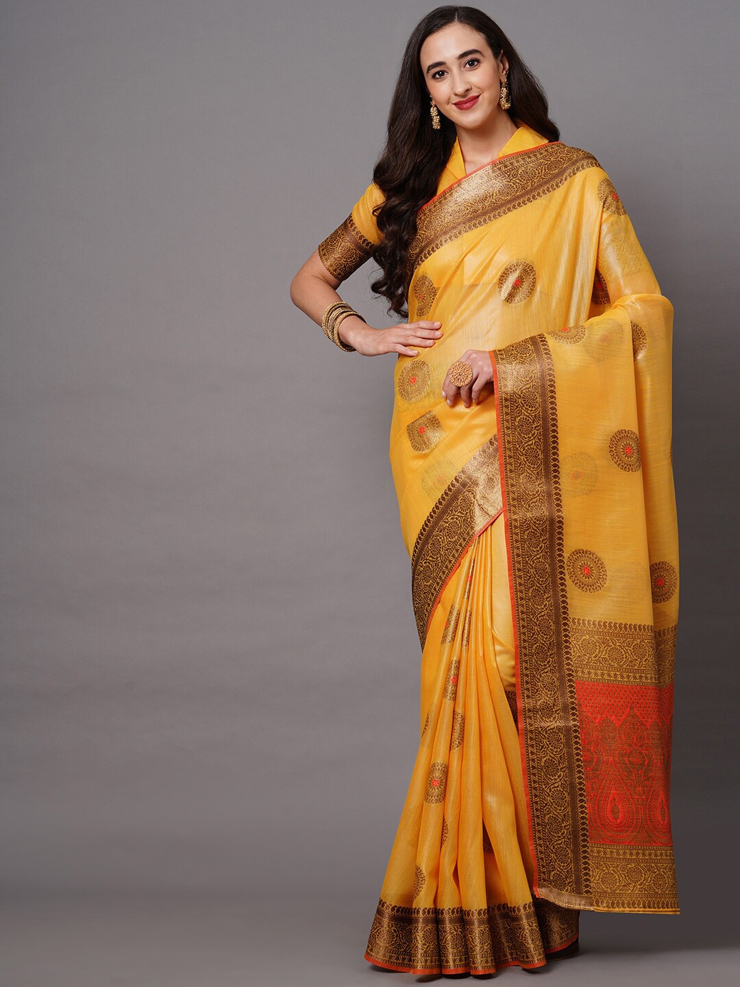 

Mitera Mustard & Gold-Toned Ethnic Motifs Zari Banarasi Saree