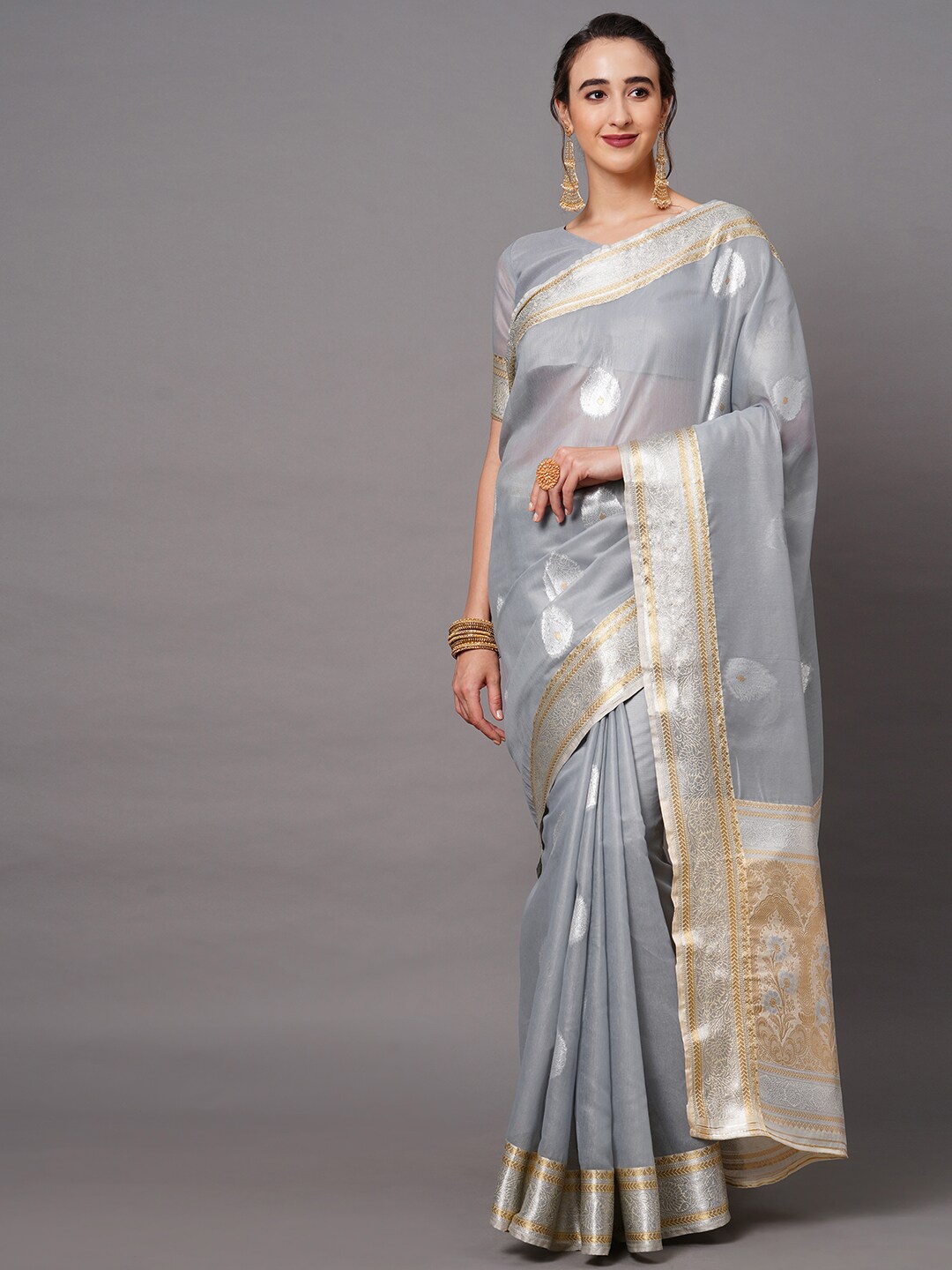 

Mitera Grey & Gold-Toned Floral Zari Banarasi Saree