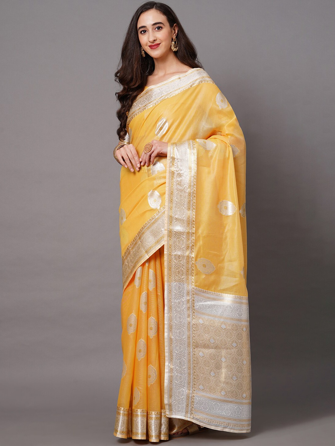 

Mitera Yellow & Silver-Toned Floral Zari Banarasi Saree