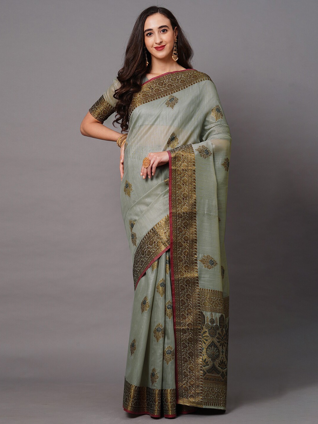 

Mitera Grey & Gold-Toned Ethnic Motifs Zari Banarasi Saree