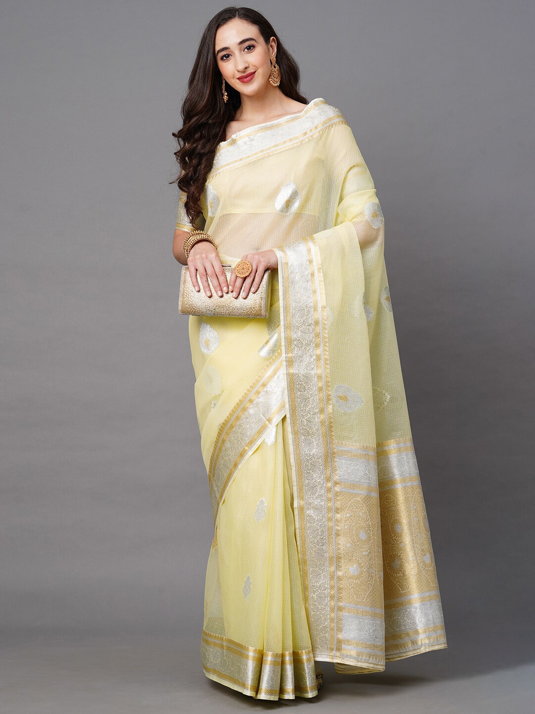 

Mitera Yellow & Gold-Toned Floral Zari Banarasi Saree