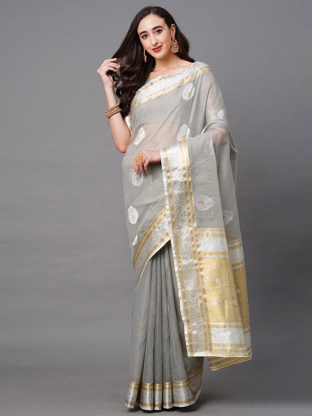 

Mitera Grey & Gold-Toned Floral Banarasi Saree