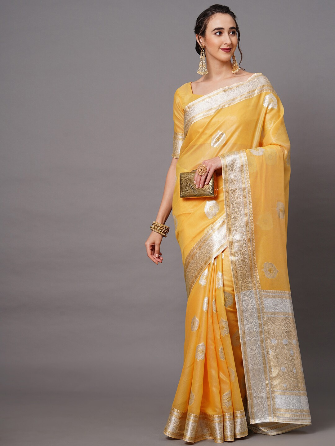 

Mitera Mustard & Silver-Toned Ethnic Motifs Zari Banarasi Saree