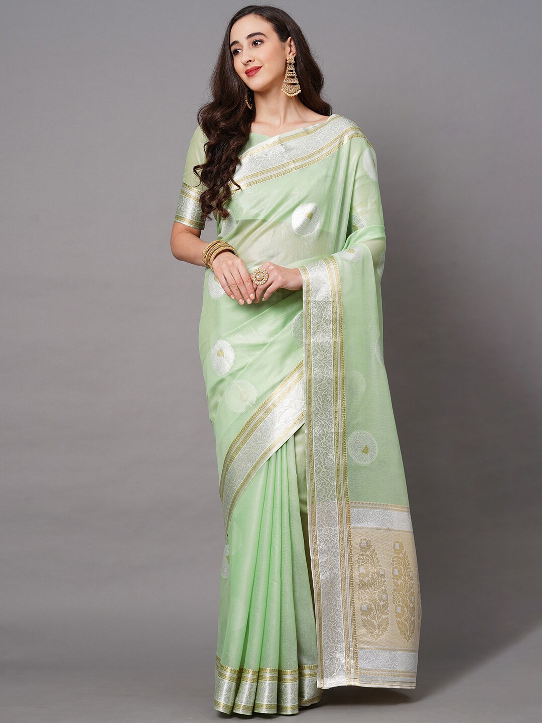 

Mitera Green & Silver-Toned Ethnic Motifs Zari Banarasi Saree