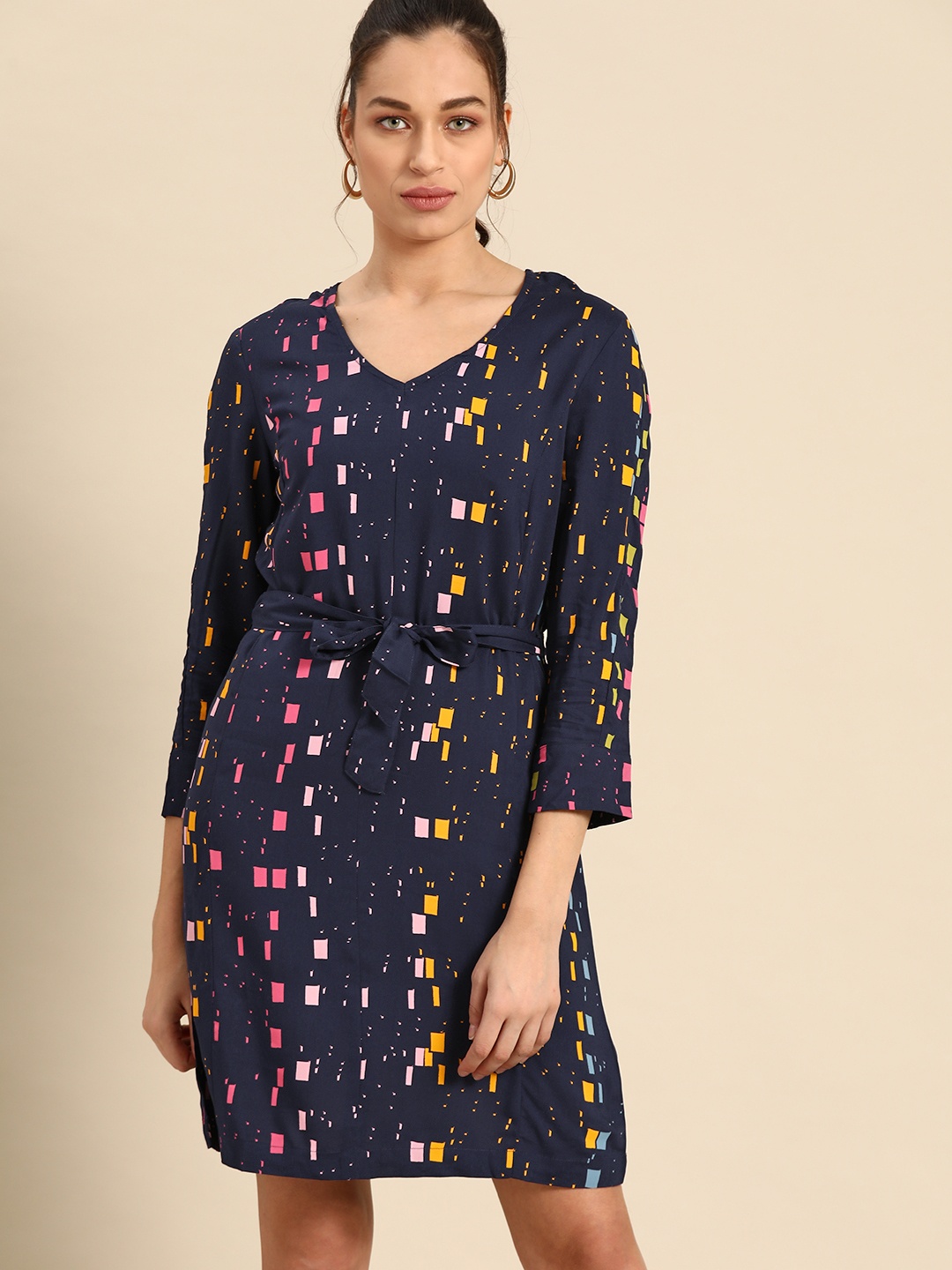

United Colors of Benetton Navy Blue & Pink Printed Shift Dress with Belt