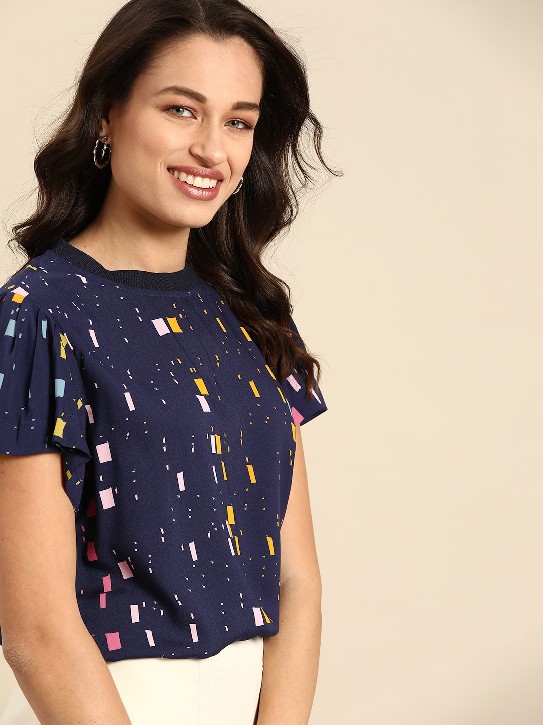 

United Colors of Benetton Navy Blue & Mustard Yellow Geometric Print Flutter Sleeves Top