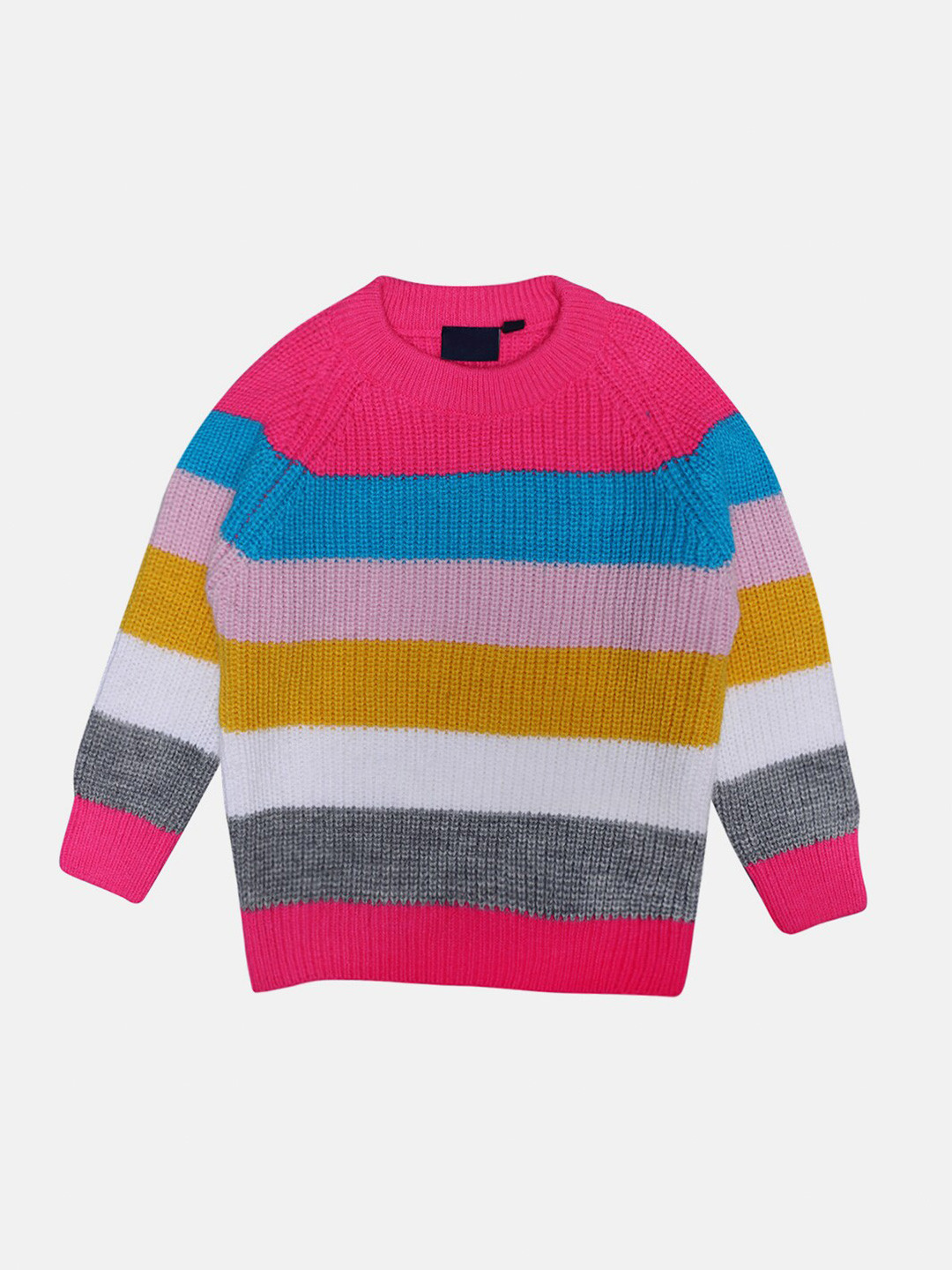 

CHIMPRALA Girls Pink & White Striped Woolen Pullover
