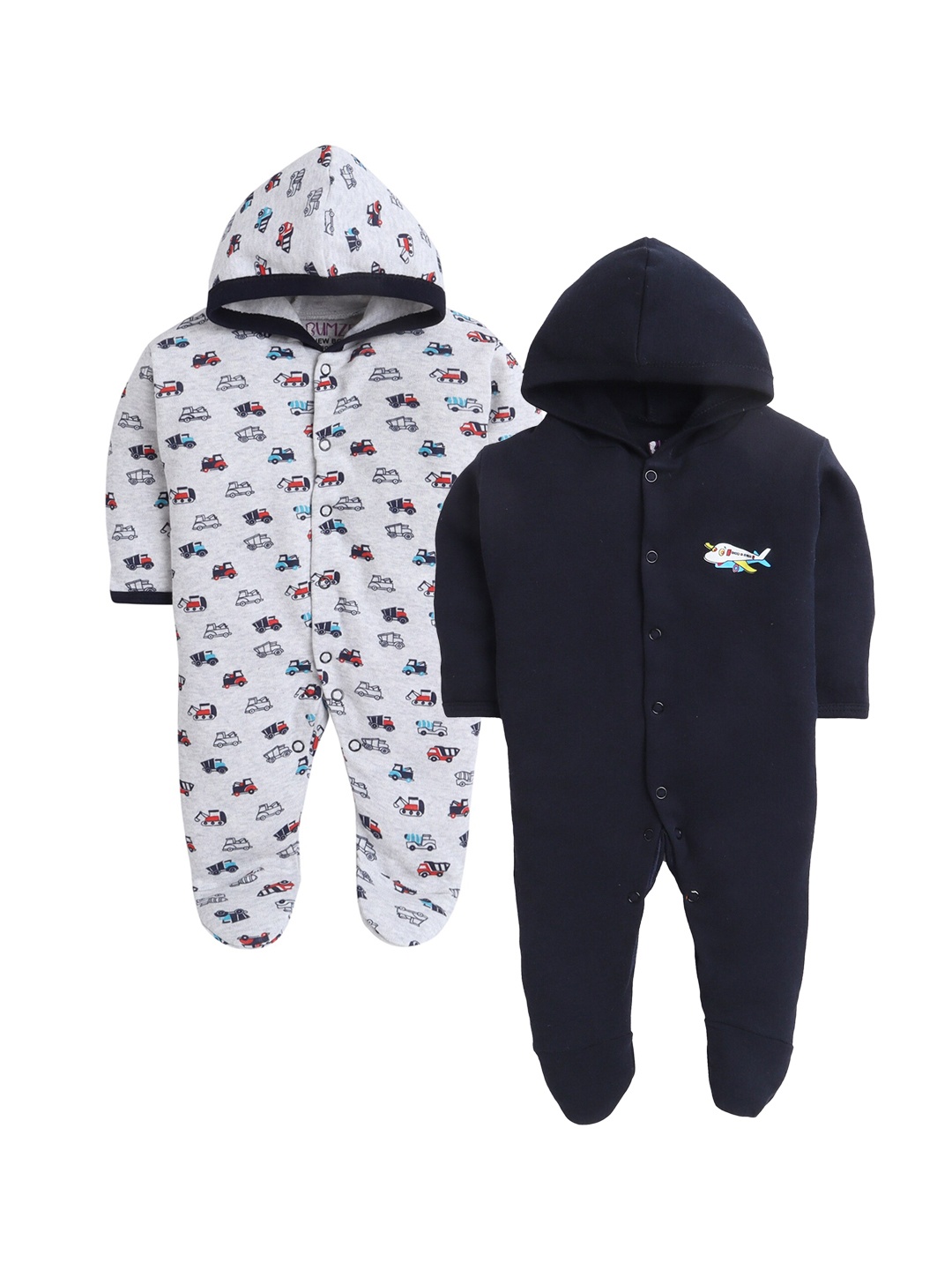 

BUMZEE Infant Boys Pack Of 2 Cotton Hooded Sleepsuits, Navy blue