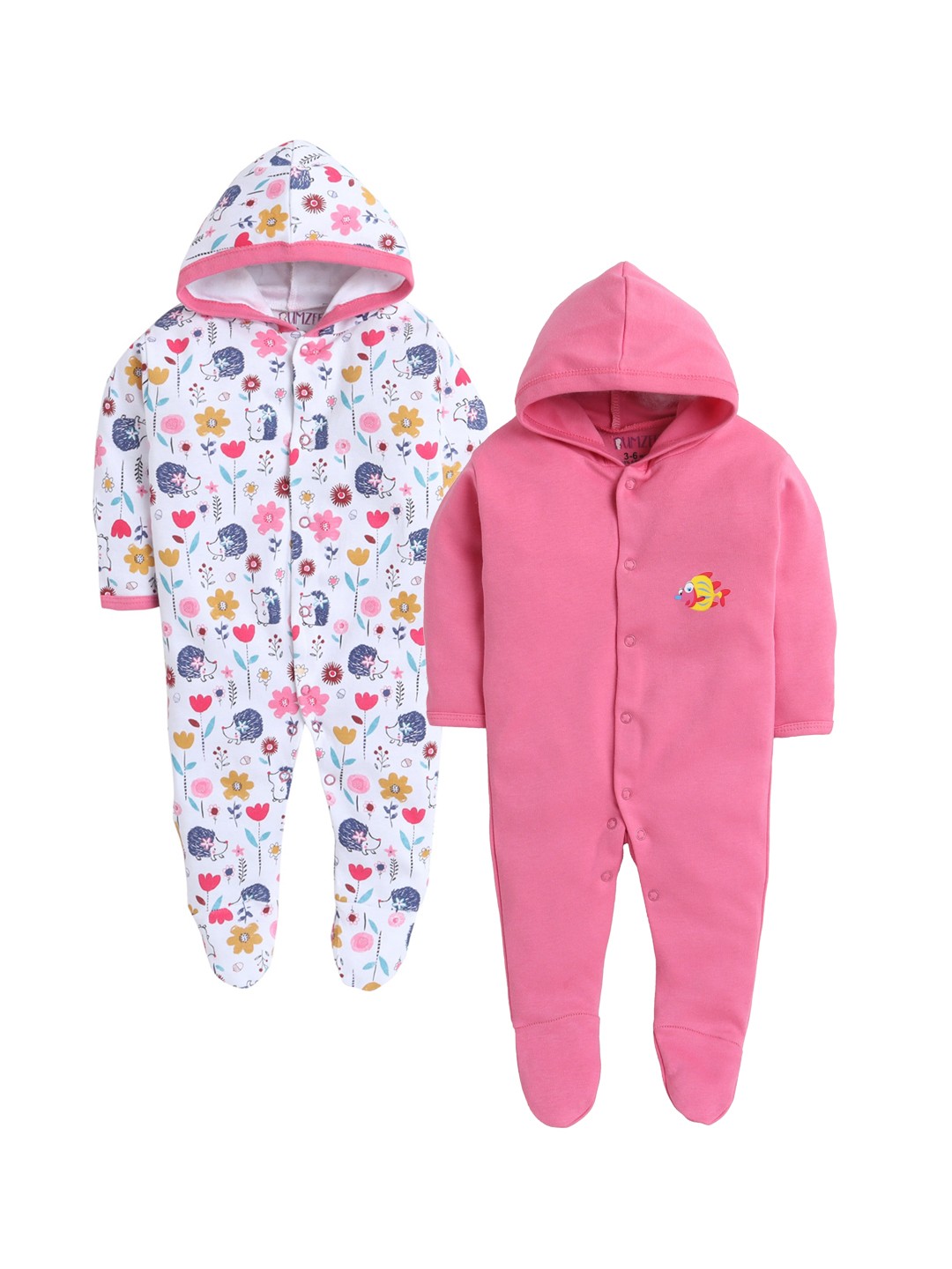 

BUMZEE Infant Girls Pack Of 2 Cotton Hooded Sleepsuit, Pink