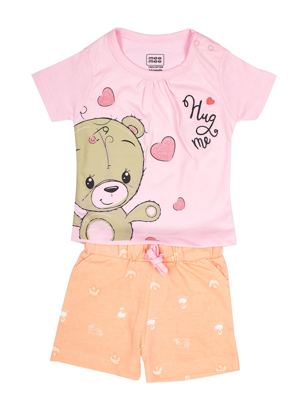 

MeeMee Infant Girls Pink & Orange Printed Pure Cotton T-shirt with Shorts