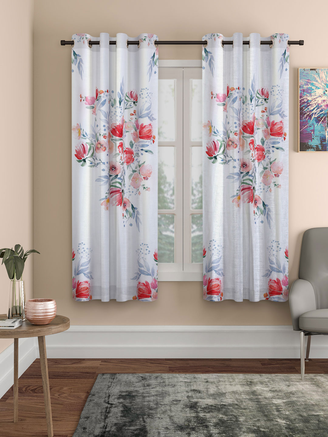 

ROSARA HOME Set Of 2 White & Red Floral Printed Window Curtain