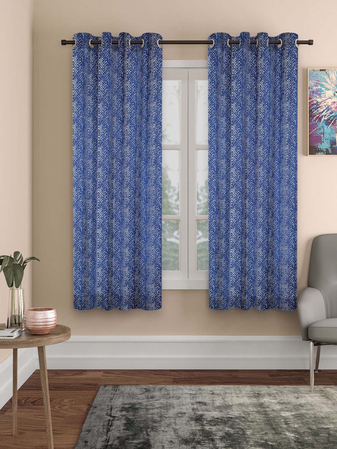 

ROSARA HOME Set Of 2 Navy Blue & Grey Chevron Printed Window Curtain