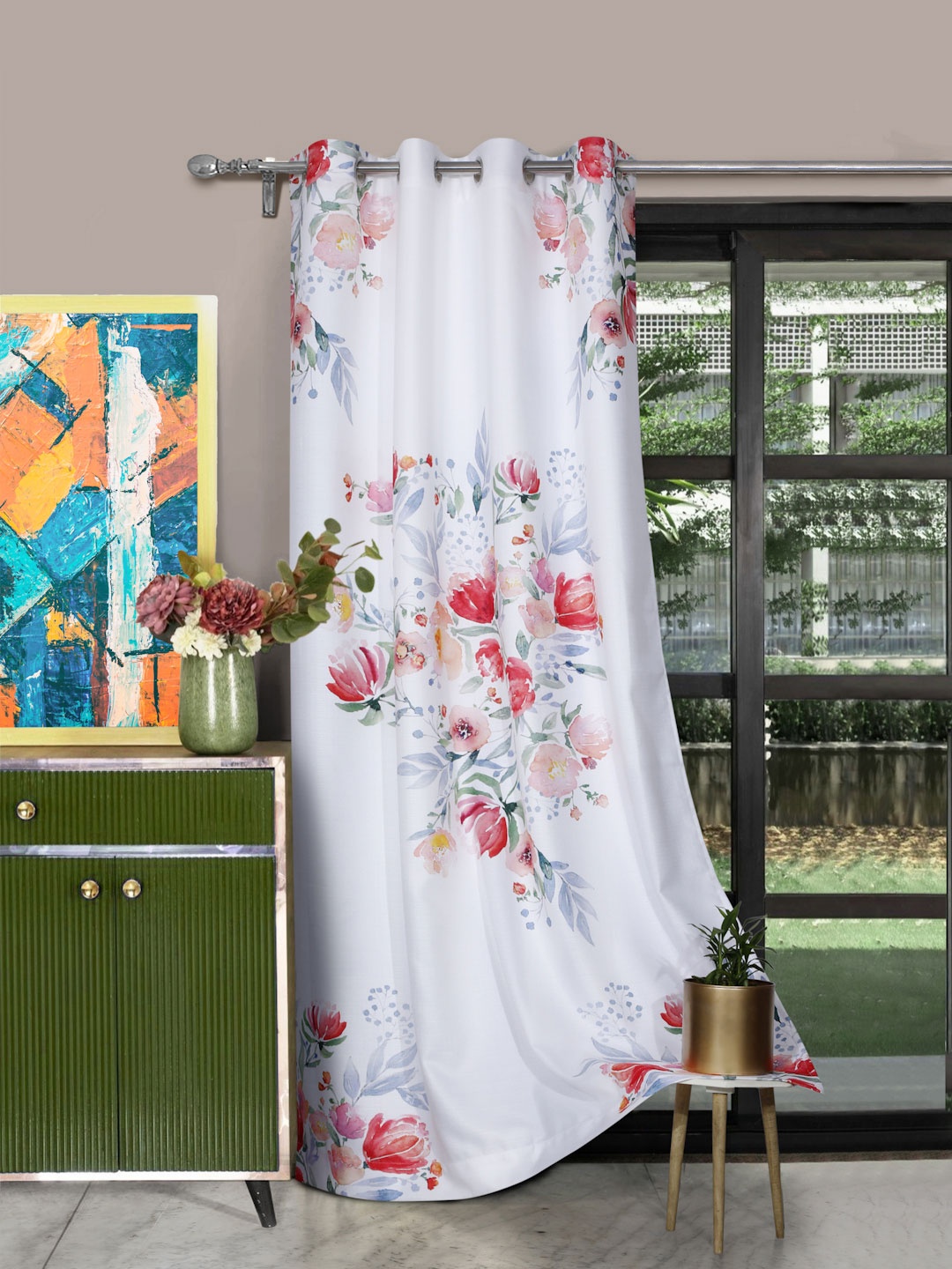 

ROSARA HOME Set Of 2 White & Pink Floral Printed Long Door Curtain