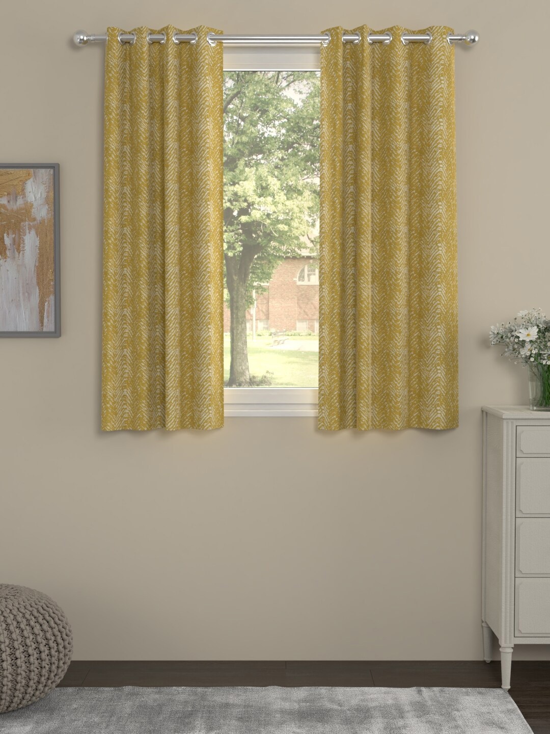 

ROSARA HOME Set Of 2 Mustard & White Chevron Printed Window Curtain